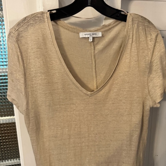 Gerard Darel Paris Shirt Womens Size 2 Tan Tee Shirt  V-neck Designer 100% Linen - Picture 4 of 10